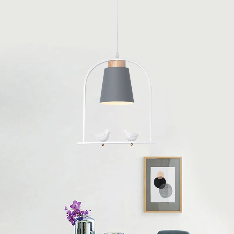 IJzeren emmer slingerlamp Macaron 1 kop grijs/geel/roze hanglampset met boogframe en vogeldecor Clearhalo