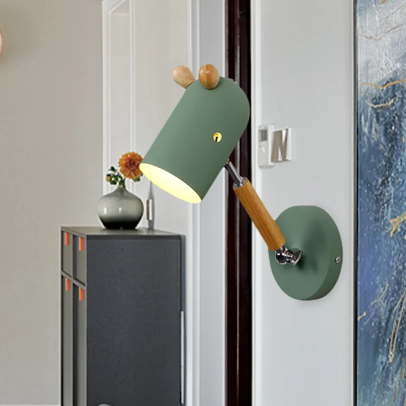Ijzeren langwerpige koepel zwenkarm wandlamp kinderen 1 lamp wit/groen/grijs-hout blaker armatuur met ontluchtingsgat Clea...