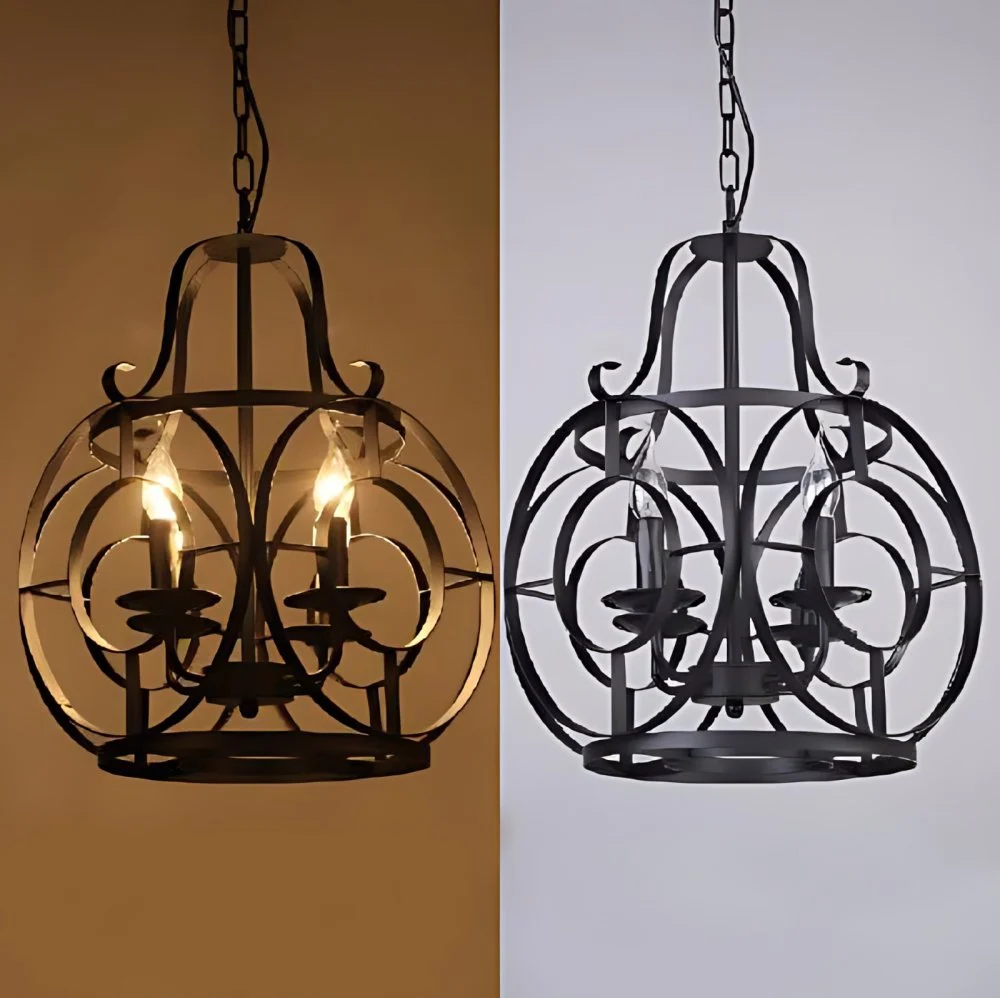 IJzeren Lantaarn Kooi Hanglamp Vintage Stijlvol 4 Lampen Restaurant Kroonluchter Hanglamp Zwart Clearhalo