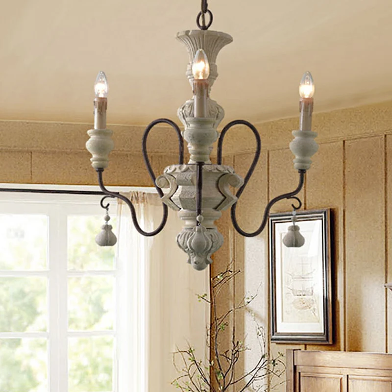 IJzeren witte druppelhanger gebogen arm Traditionele houten hangende kroonluchter voor eetkamer Clearhalo