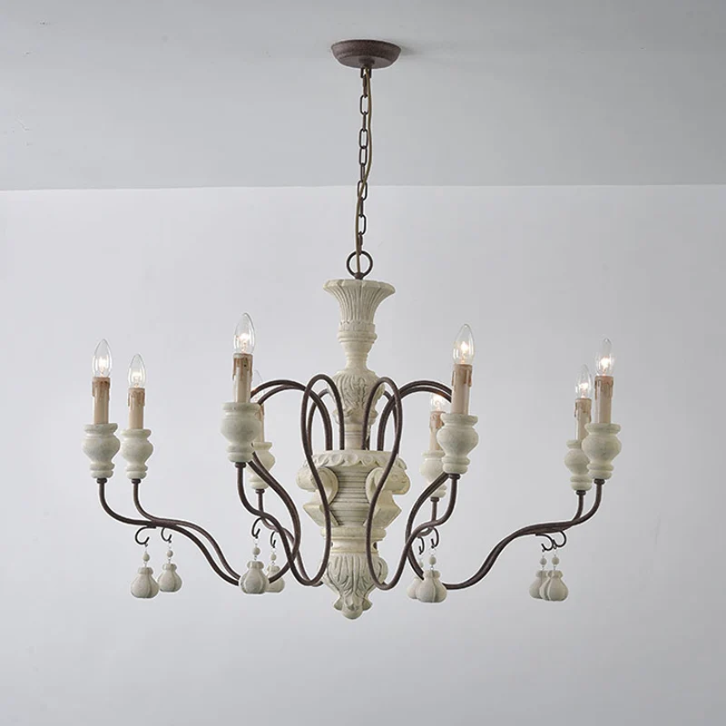 IJzeren witte druppelhanger gebogen arm Traditionele houten hangende kroonluchter voor eetkamer Clearhalo