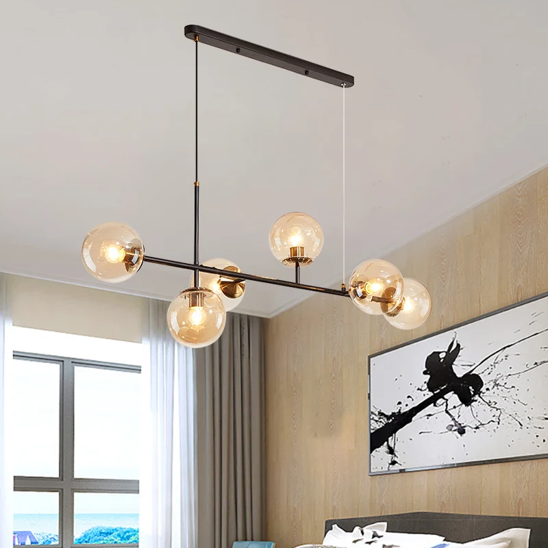 Industriële eilandhanglamp met 6 lampen en amber/melkwit/gradiëntblauw glazen kap Messing kogelplafondlamp met verstelbaar...