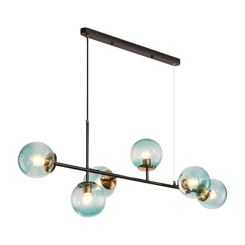 Industriële eilandhanglamp met 6 lampen en amber/melkwit/gradiëntblauw glazen kap Messing kogelplafondlamp met verstelbaar...