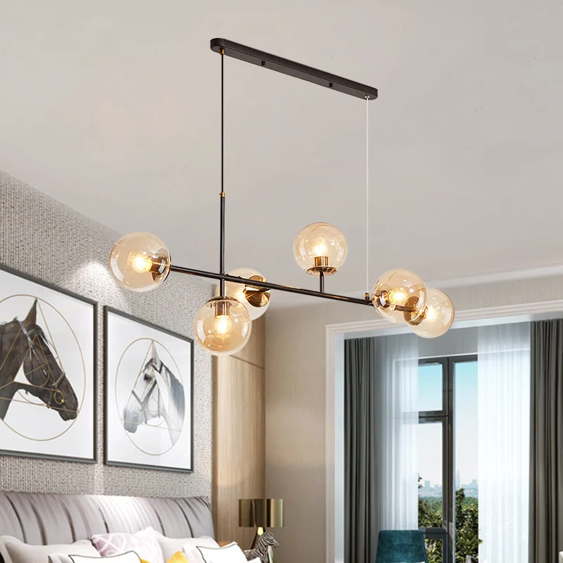 Industriële eilandhanglamp met 6 lampen en amber/melkwit/gradiëntblauw glazen kap Messing kogelplafondlamp met verstelbaar...