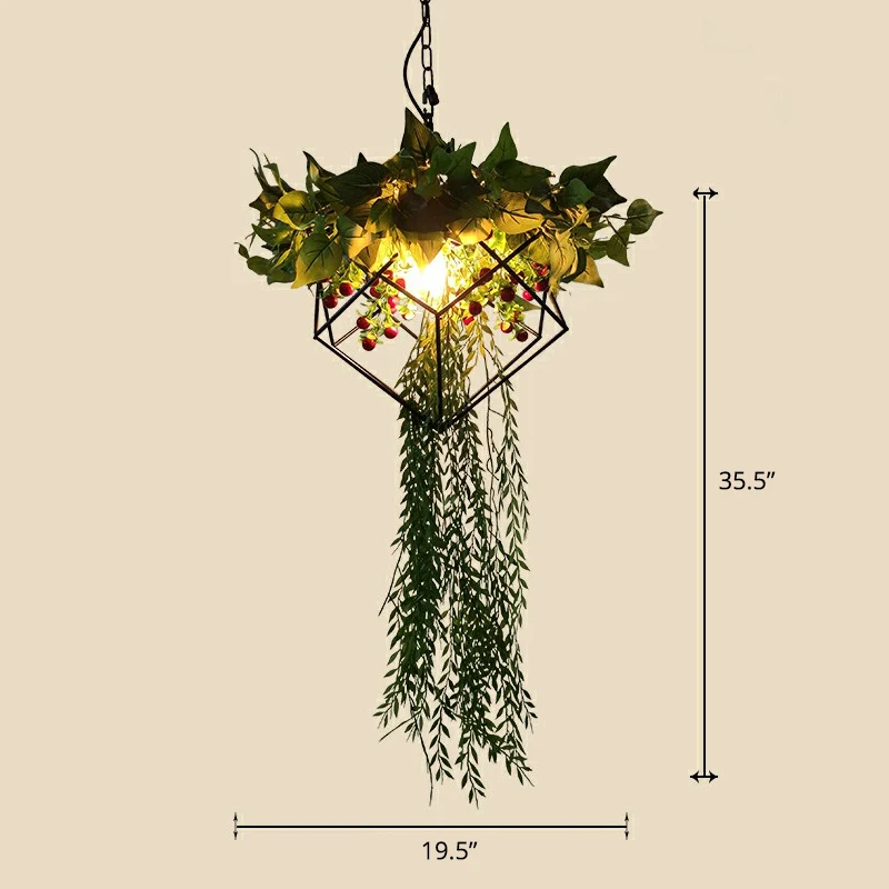 Industriële hanglamp kooistijl, 1 kop, metalen hanglamp met kunstblad en bloem Clearhalo