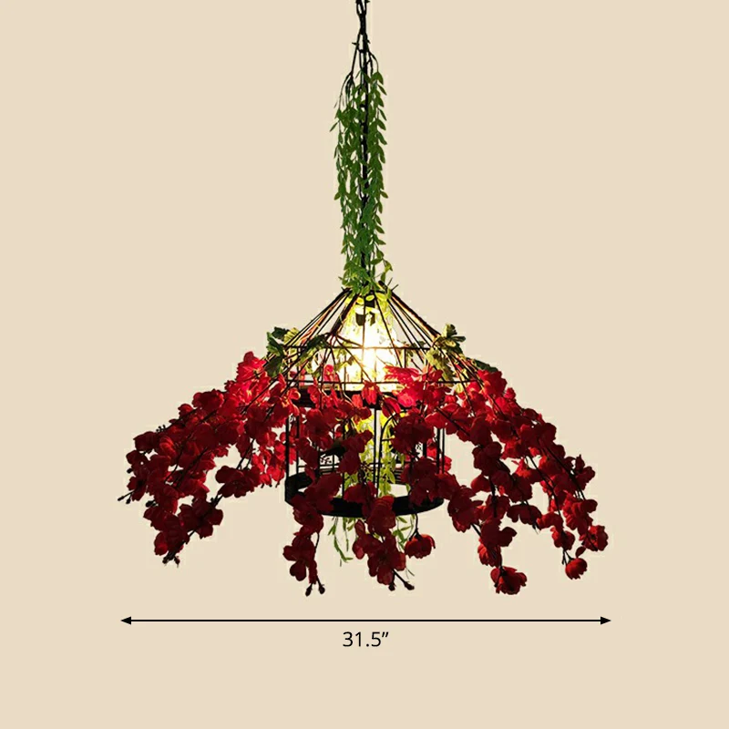 Industriële hanglamp kooistijl, 1 kop, metalen hanglamp met kunstblad en bloem Clearhalo