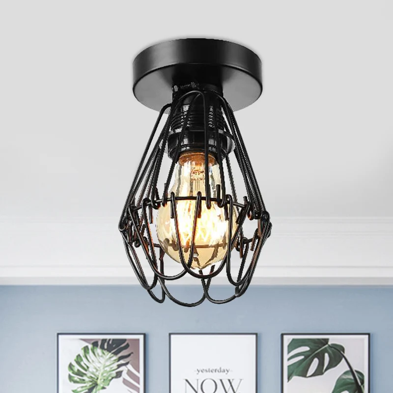 Industriële kooi-inbouwhanglamp met bloemblaadjeontwerp 1 lichtmetalen plafondverlichting zwart voor koffiebar Clearhalo