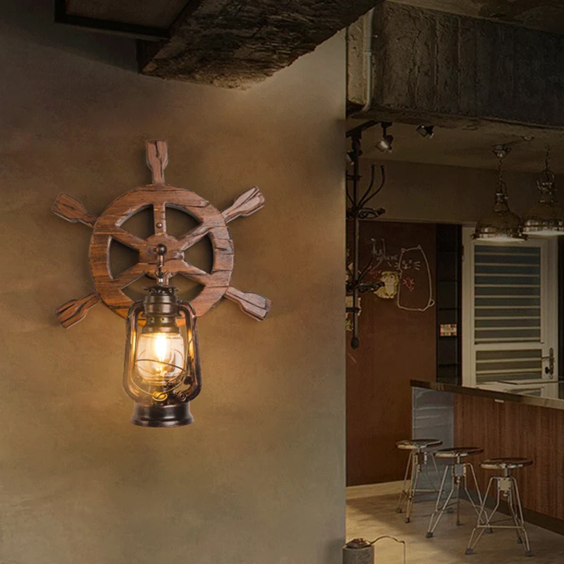 Industriële nautische stijl wandkandelaar Vintage houten roer wandlamp voor restaurantbar Clearhalo