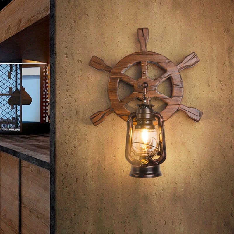 Industriële nautische stijl wandkandelaar Vintage houten roer wandlamp voor restaurantbar Clearhalo