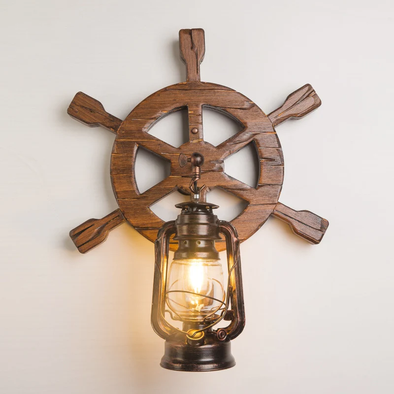 Industriële nautische stijl wandkandelaar Vintage houten roer wandlamp voor restaurantbar Clearhalo