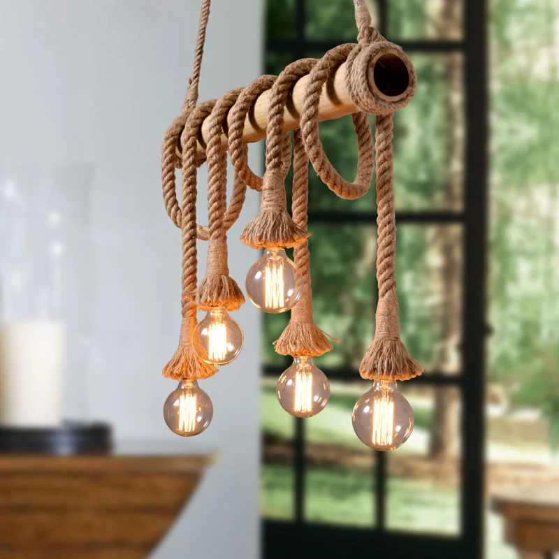Industriële stijl lineaire eilandlicht bamboe kroonluchter verlichtingsarmatuur beige Clearhalo