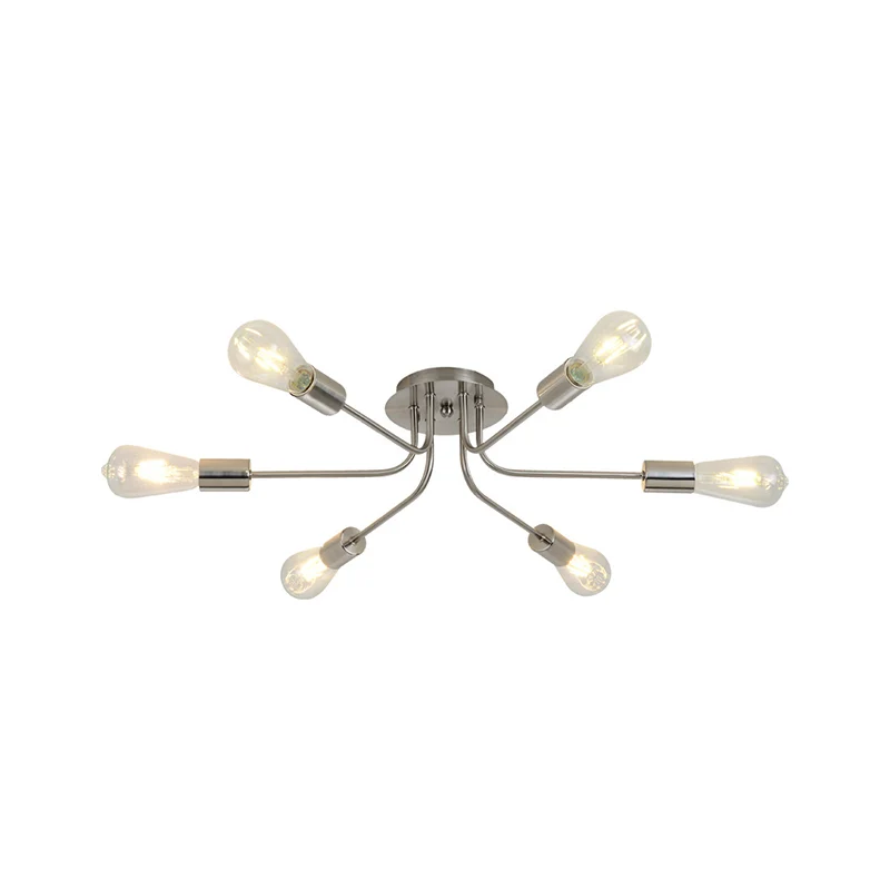 Industriële stijl Tak Semi Mount Verlichting Metallic 6 Lichten Plafondinbouw met zichtbare lamp messing/nikkel Clearhalo