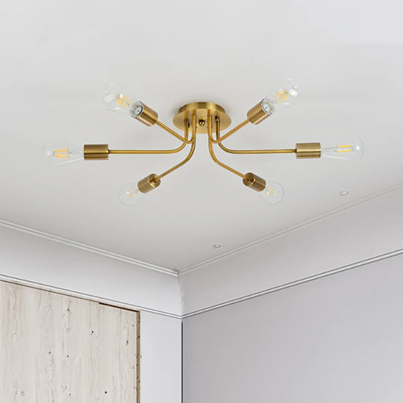 Industriële stijl Tak Semi Mount Verlichting Metallic 6 Lichten Plafondinbouw met zichtbare lamp messing/nikkel Clearhalo