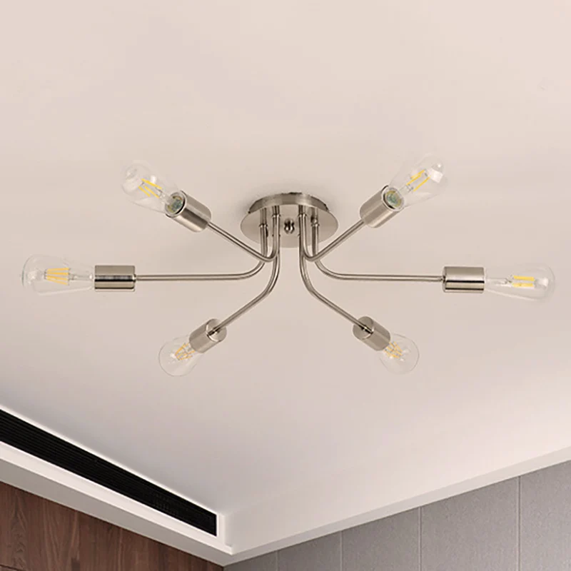 Industriële stijl Tak Semi Mount Verlichting Metallic 6 Lichten Plafondinbouw met zichtbare lamp messing/nikkel Clearhalo