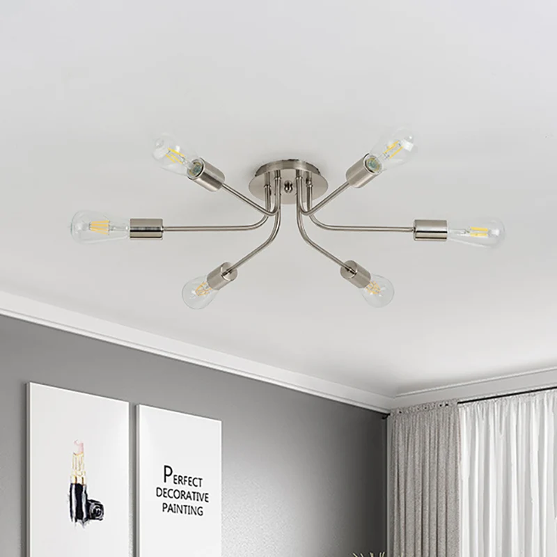 Industriële stijl Tak Semi Mount Verlichting Metallic 6 Lichten Plafondinbouw met zichtbare lamp messing/nikkel Clearhalo