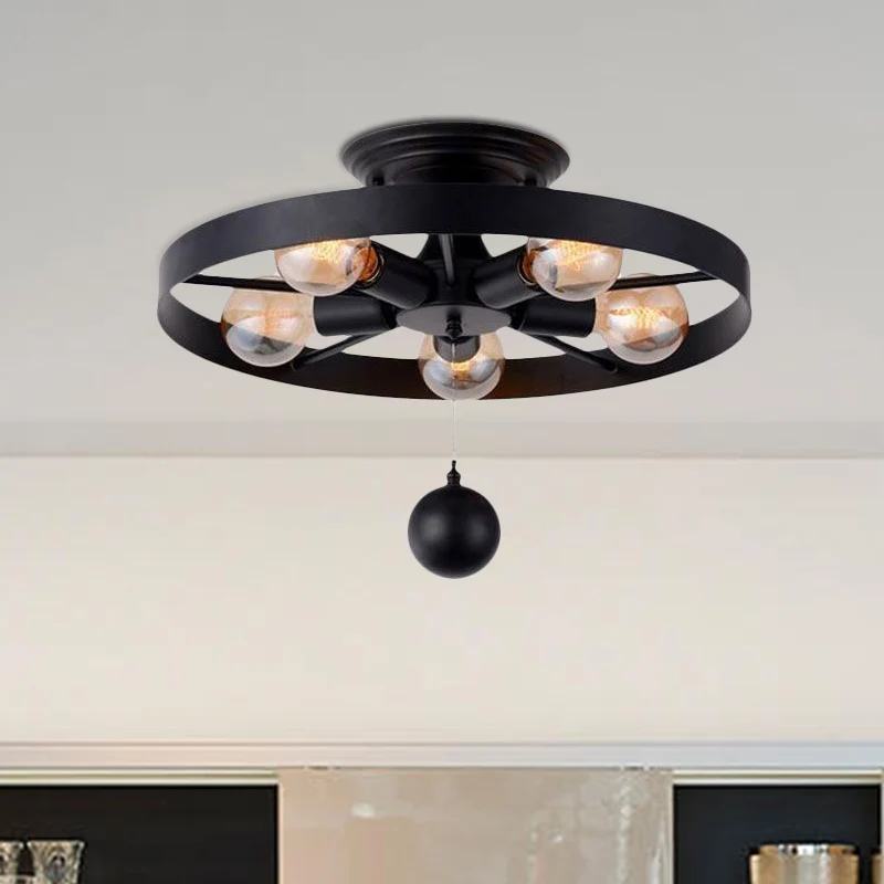 Industriële stijl wiel semi-inbouwlamp met baldecoratie 5 lampen metalen plafondlamp zwart Clearhalo
