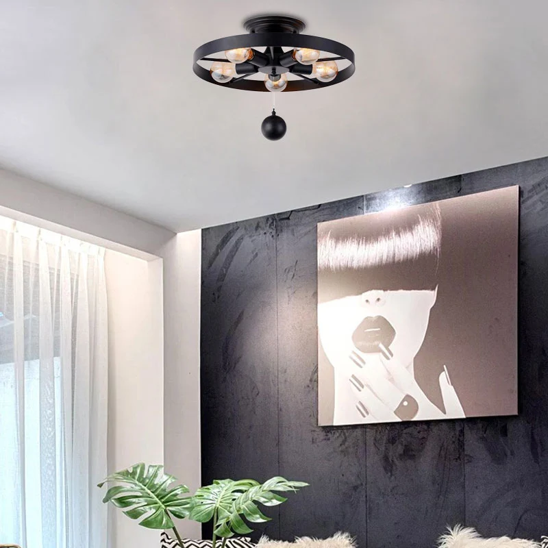 Industriële stijl wiel semi-inbouwlamp met baldecoratie 5 lampen metalen plafondlamp zwart Clearhalo