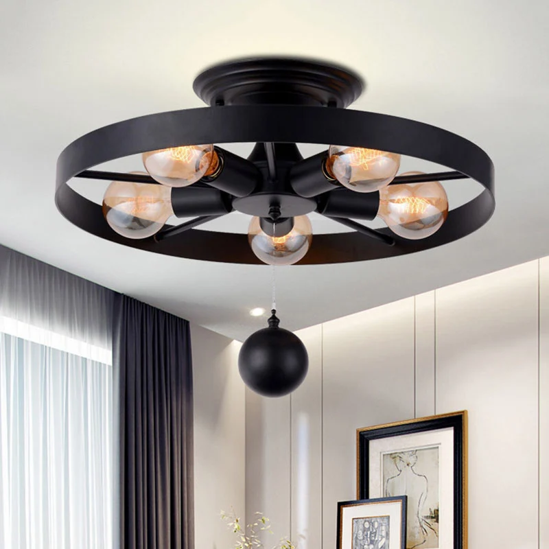 Industriële stijl wiel semi-inbouwlamp met baldecoratie 5 lampen metalen plafondlamp zwart Clearhalo