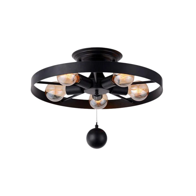 Industriële stijl wiel semi-inbouwlamp met baldecoratie 5 lampen metalen plafondlamp zwart Clearhalo
