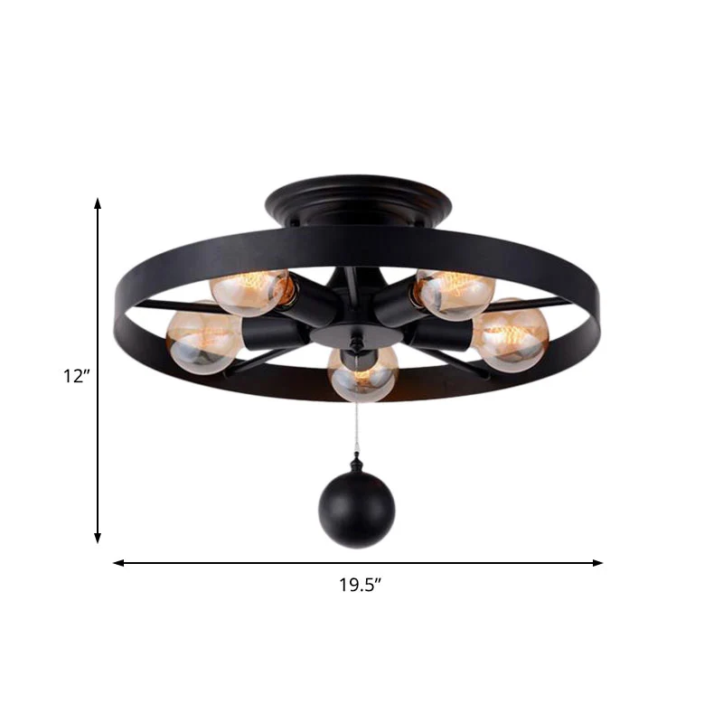 Industriële stijl wiel semi-inbouwlamp met baldecoratie 5 lampen metalen plafondlamp zwart Clearhalo