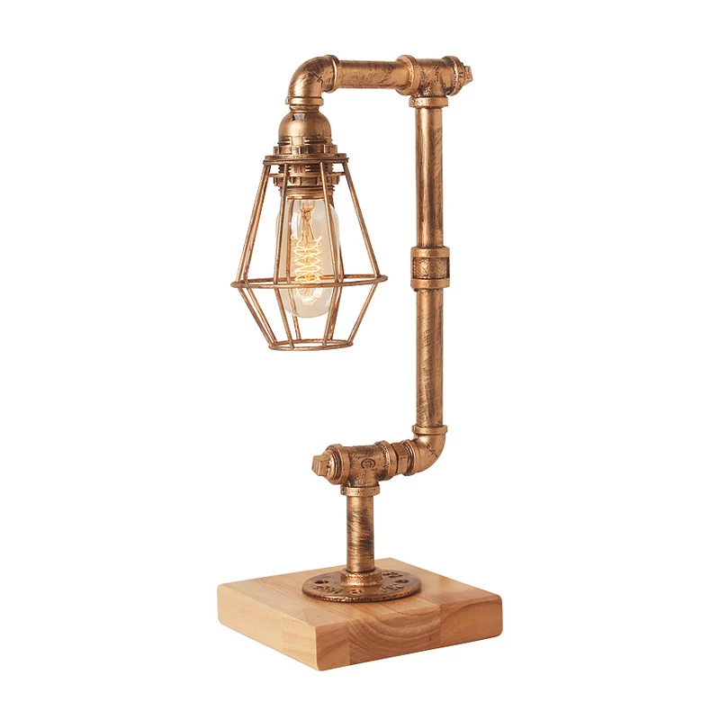 Industriële tafellamp met buizen, 1 kop metalen tafelverlichting met houten voet en draadbeschermer brons voor de woonkame...