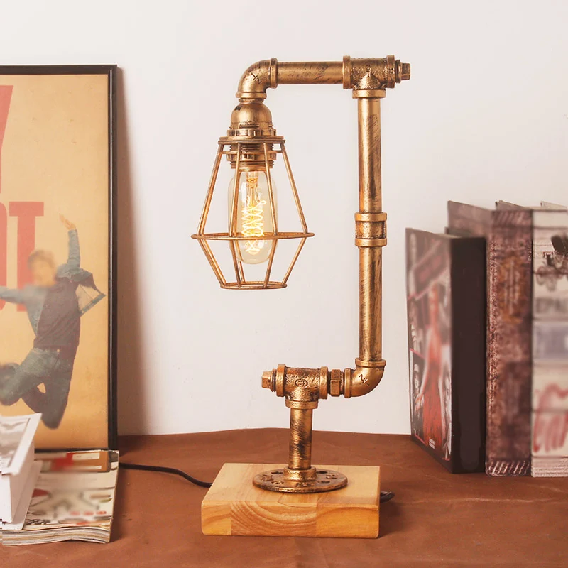 Industriële tafellamp met buizen, 1 kop metalen tafelverlichting met houten voet en draadbeschermer brons voor de woonkame...
