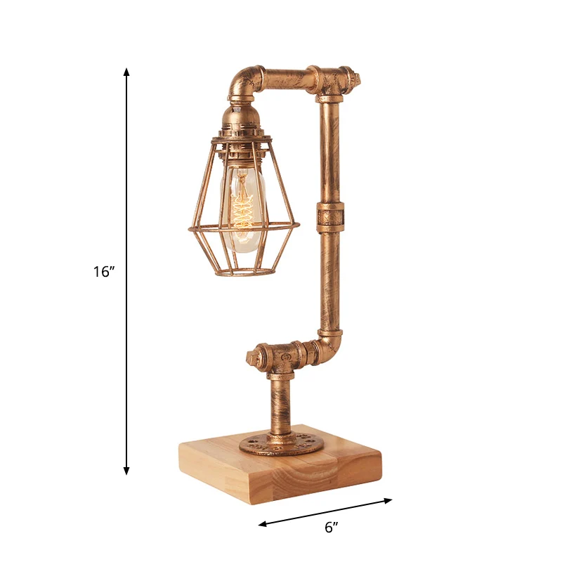 Industriële tafellamp met buizen, 1 kop metalen tafelverlichting met houten voet en draadbeschermer brons voor de woonkame...