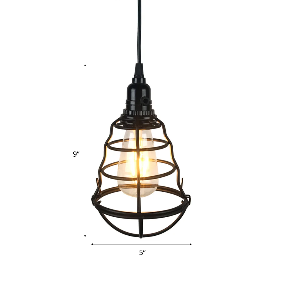 Iron Wire Guard Hanglamp Retro Industrieel 1 Kop Eettafel Mini Plafondlamp Zwart Clearhalo