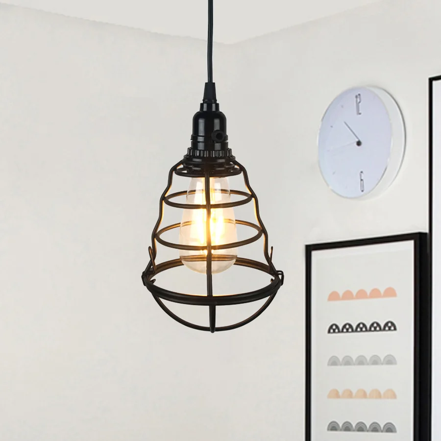 Iron Wire Guard Hanglamp Retro Industrieel 1 Kop Eettafel Mini Plafondlamp Zwart Clearhalo