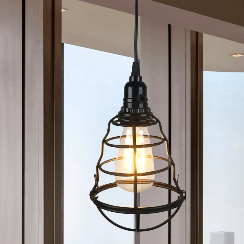 Iron Wire Guard Hanglamp Retro Industrieel 1 Kop Eettafel Mini Plafondlamp Zwart Clearhalo