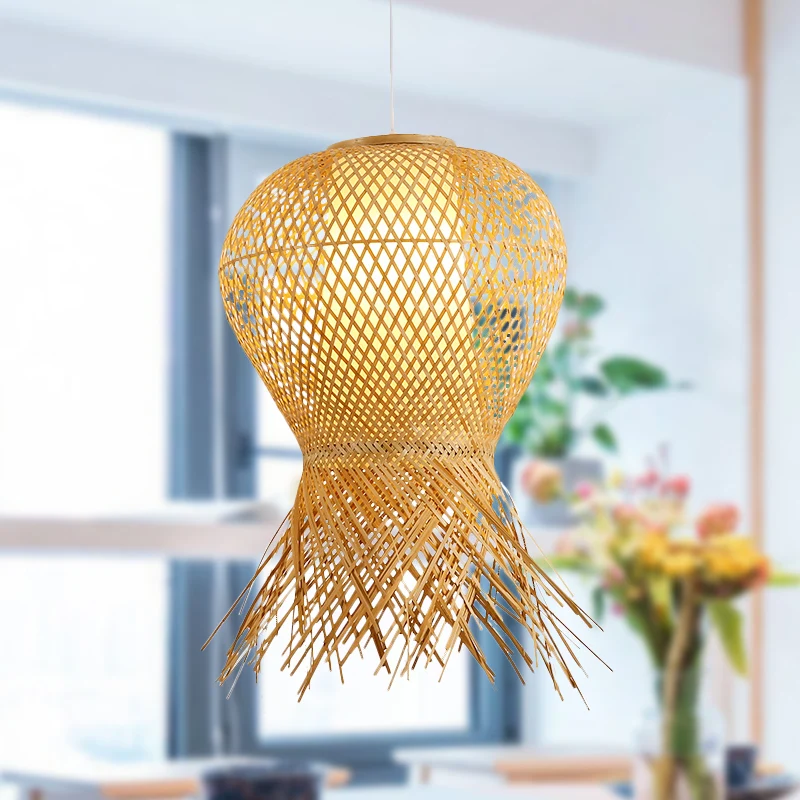 Japanse handgemaakte hanglamp bamboe 1-lamps hangend verlichtingsarmatuur beige Clearhalo