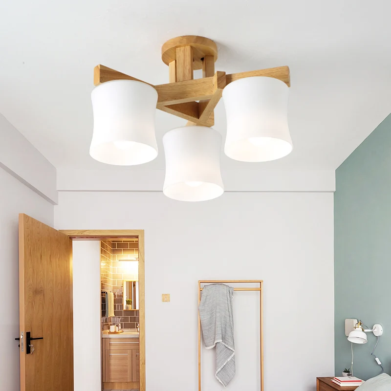 Japanse kroonluchter met schaduw, semi-inbouw, wit glas, dicht bij het plafond, met houten luifel Clearhalo