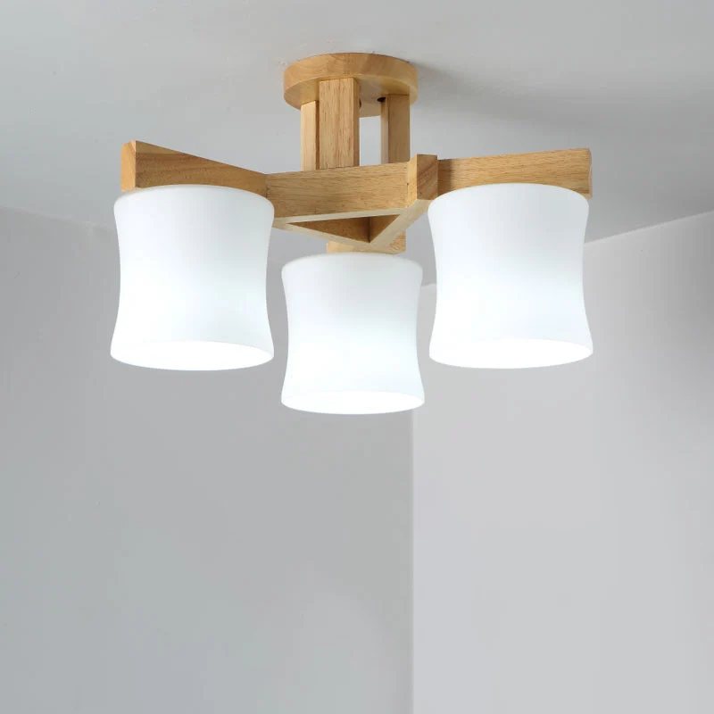 Japanse kroonluchter met schaduw, semi-inbouw, wit glas, dicht bij het plafond, met houten luifel Clearhalo