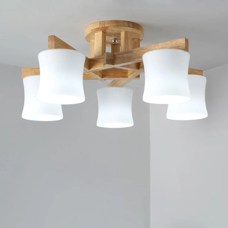 Japanse kroonluchter met schaduw, semi-inbouw, wit glas, dicht bij het plafond, met houten luifel Clearhalo