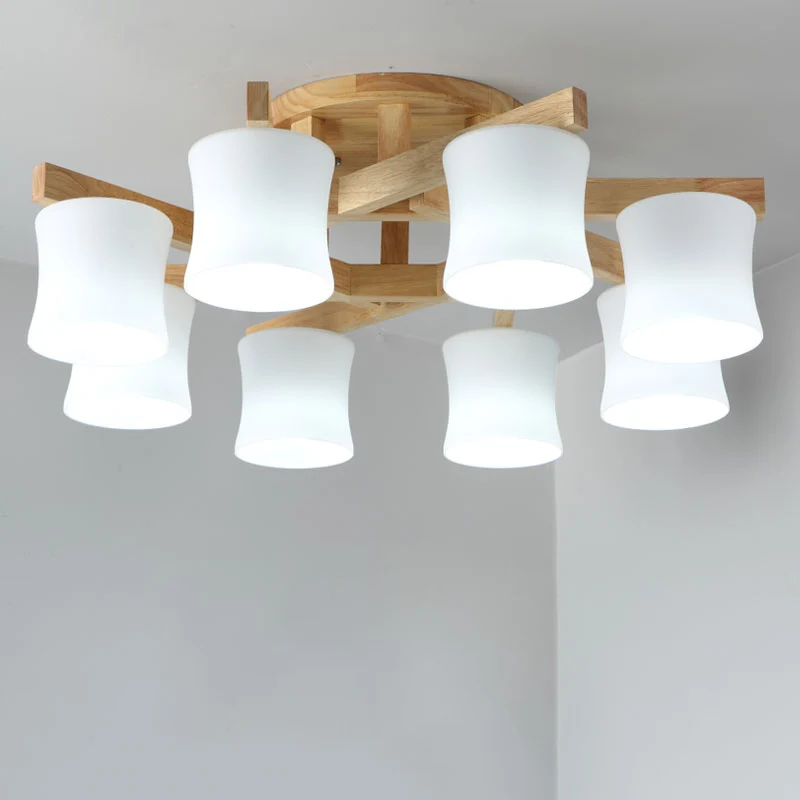 Japanse kroonluchter met schaduw, semi-inbouw, wit glas, dicht bij het plafond, met houten luifel Clearhalo
