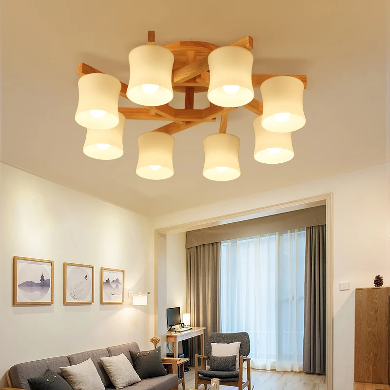 Japanse kroonluchter met schaduw, semi-inbouw, wit glas, dicht bij het plafond, met houten luifel Clearhalo