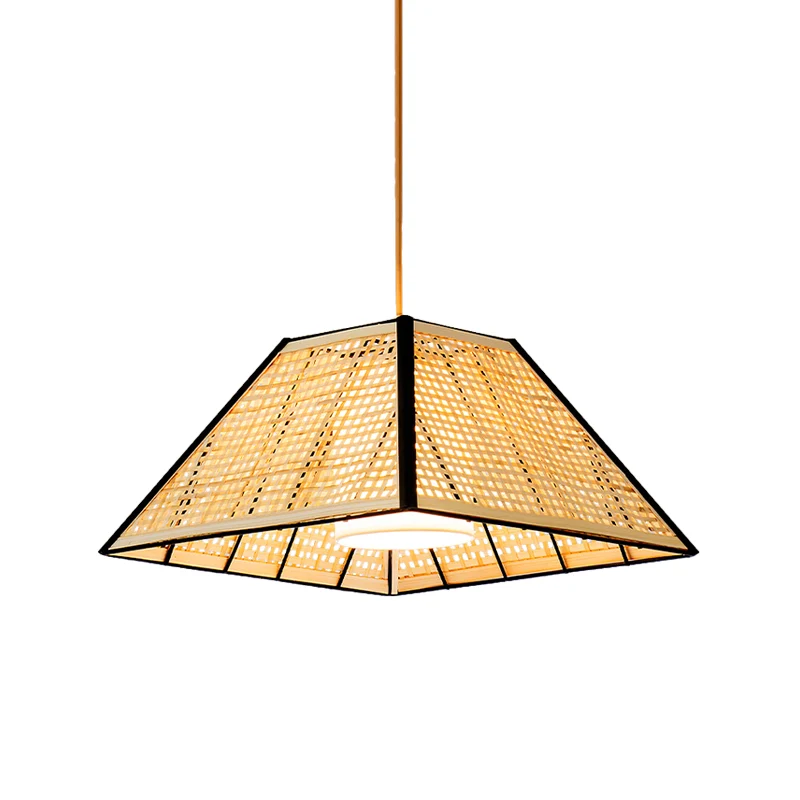 Japanse piramide hanglamp bamboe 1 kop restaurant ophangverlichting met witte stoffen binnenkap Clearhalo