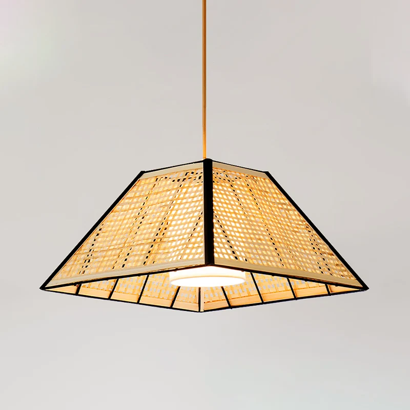 Japanse piramide hanglamp bamboe 1 kop restaurant ophangverlichting met witte stoffen binnenkap Clearhalo