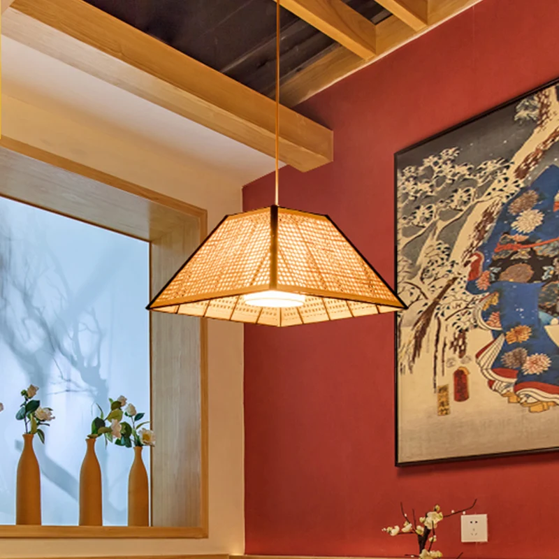 Japanse piramide hanglamp bamboe 1 kop restaurant ophangverlichting met witte stoffen binnenkap Clearhalo