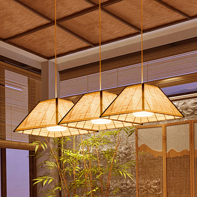 Japanse piramide hanglamp bamboe 1 kop restaurant ophangverlichting met witte stoffen binnenkap Clearhalo