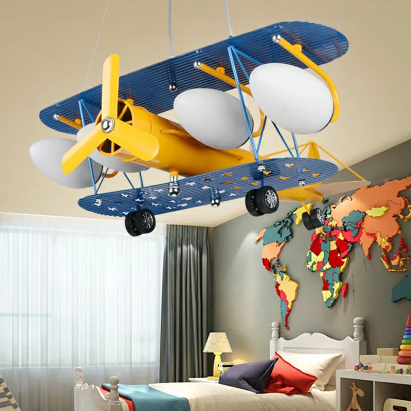 Jet Plane LED hanglamp kinderstijl metallic gele kroonluchter verlichtingsarmatuur Clearhalo