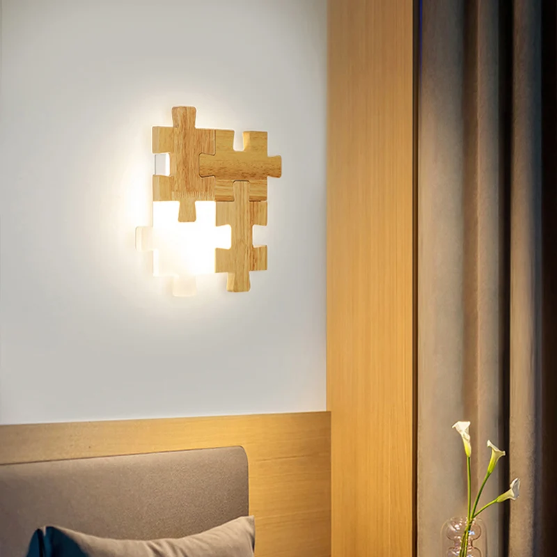 Jigsaw Puzzle Sconce Light Eenvoudige LED-houten wandverlichting met opaalglazen kap voor slaapkamer Clearhalo