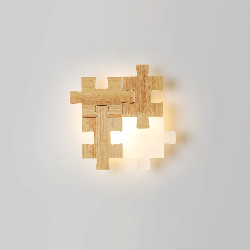 Jigsaw Puzzle Sconce Light Eenvoudige LED-houten wandverlichting met opaalglazen kap voor slaapkamer Clearhalo