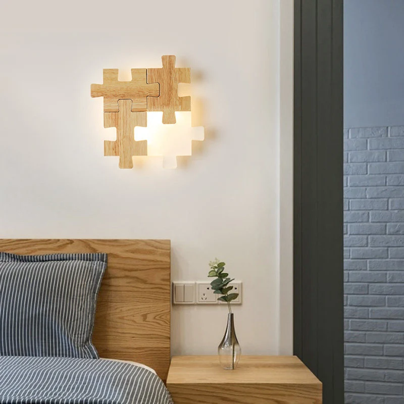 Jigsaw Puzzle Sconce Light Eenvoudige LED-houten wandverlichting met opaalglazen kap voor slaapkamer Clearhalo