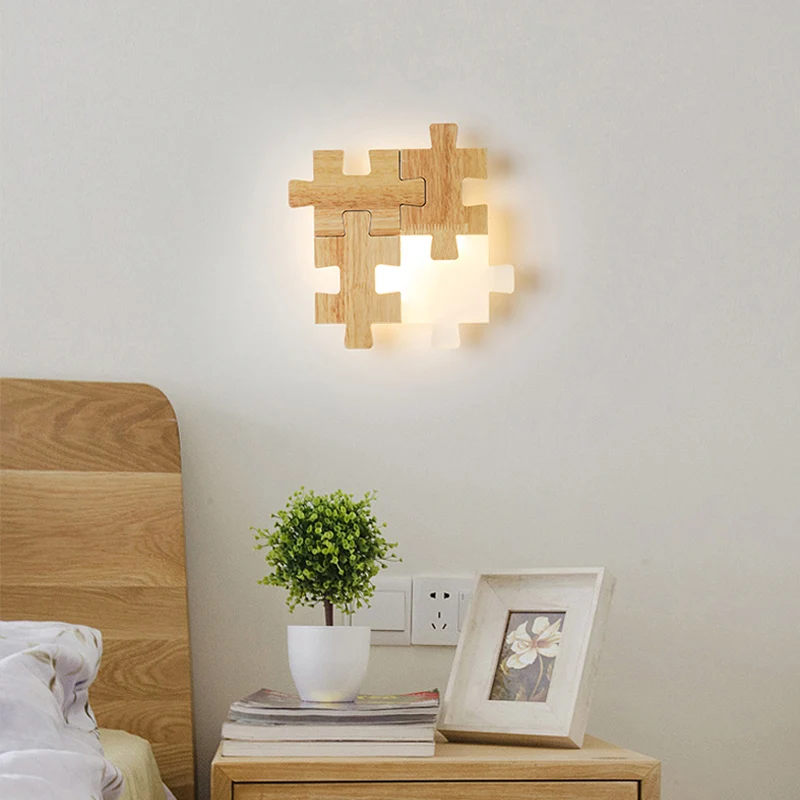 Jigsaw Puzzle Sconce Light Eenvoudige LED-houten wandverlichting met opaalglazen kap voor slaapkamer Clearhalo