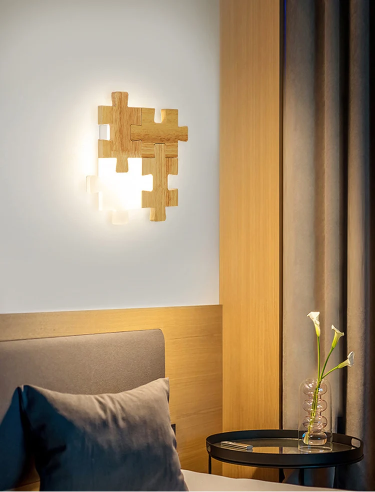 Jigsaw Puzzle Wandmontagelamp Creatieve LED houten en acryl schaduw schanslamp voor slaapkamer Clearhalo