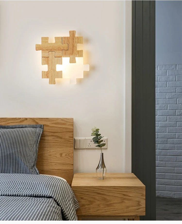 Jigsaw Puzzle Wandmontagelamp Creatieve LED houten en acryl schaduw schanslamp voor slaapkamer Clearhalo