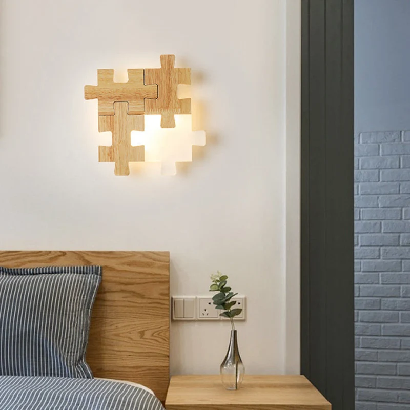 Jigsaw Puzzle Wandmontagelamp Creatieve LED houten en acryl schaduw schanslamp voor slaapkamer Clearhalo
