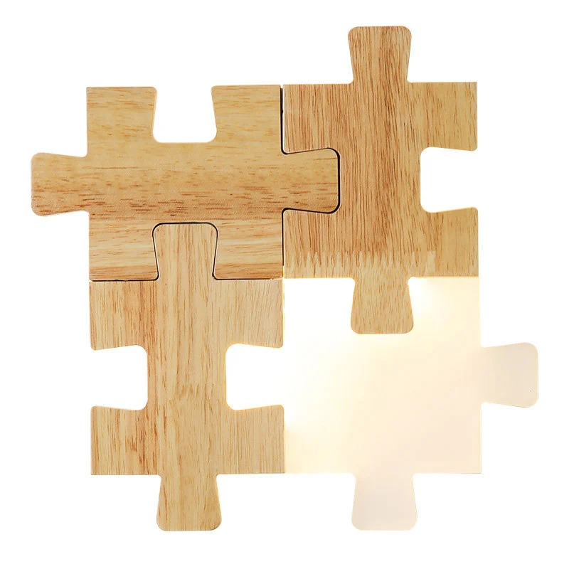 Jigsaw Puzzle Wandmontagelamp Creatieve LED houten en acryl schaduw schanslamp voor slaapkamer Clearhalo
