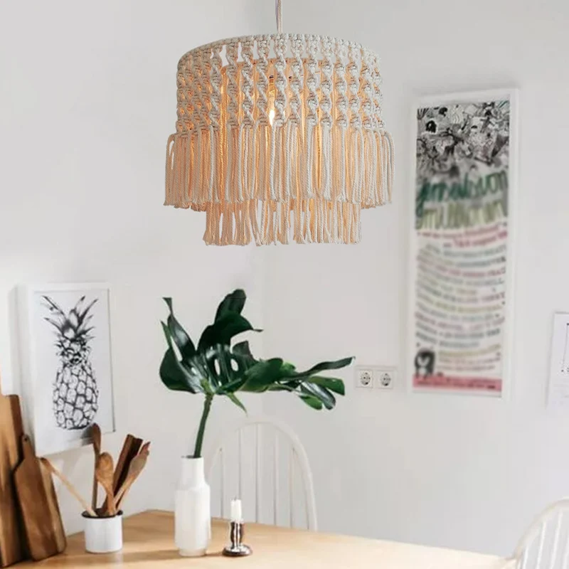 Jute touw gelaagde plafondlamp met kwastjes, landelijke 1-lichts woonkamer slingerlamp beige Clearhalo